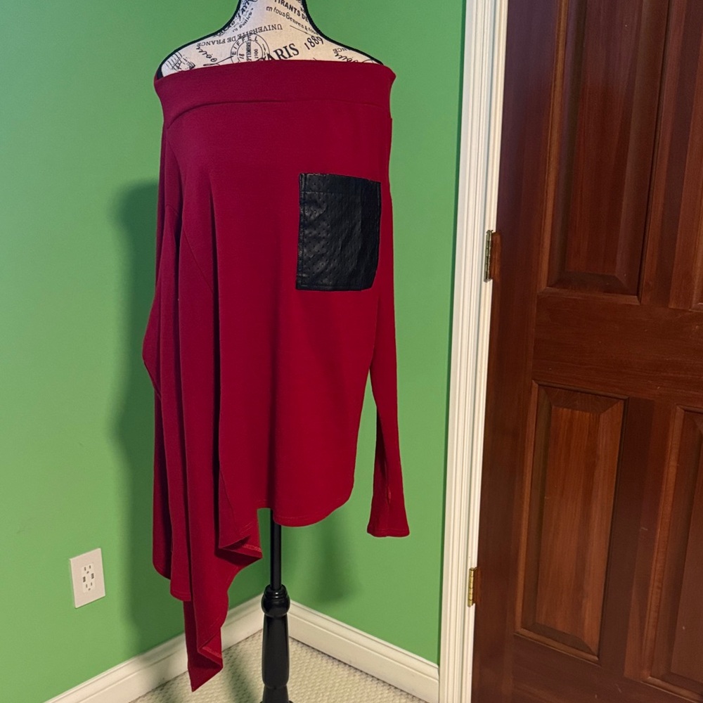 Elegant Red Off-Shoulder Sweater with Black Pocket